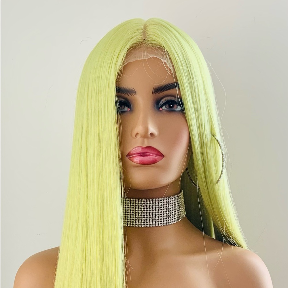 Unisex Long Green Lemon Color Premium Fiber Lace Front Wig Events/Gaming/Cosplsy